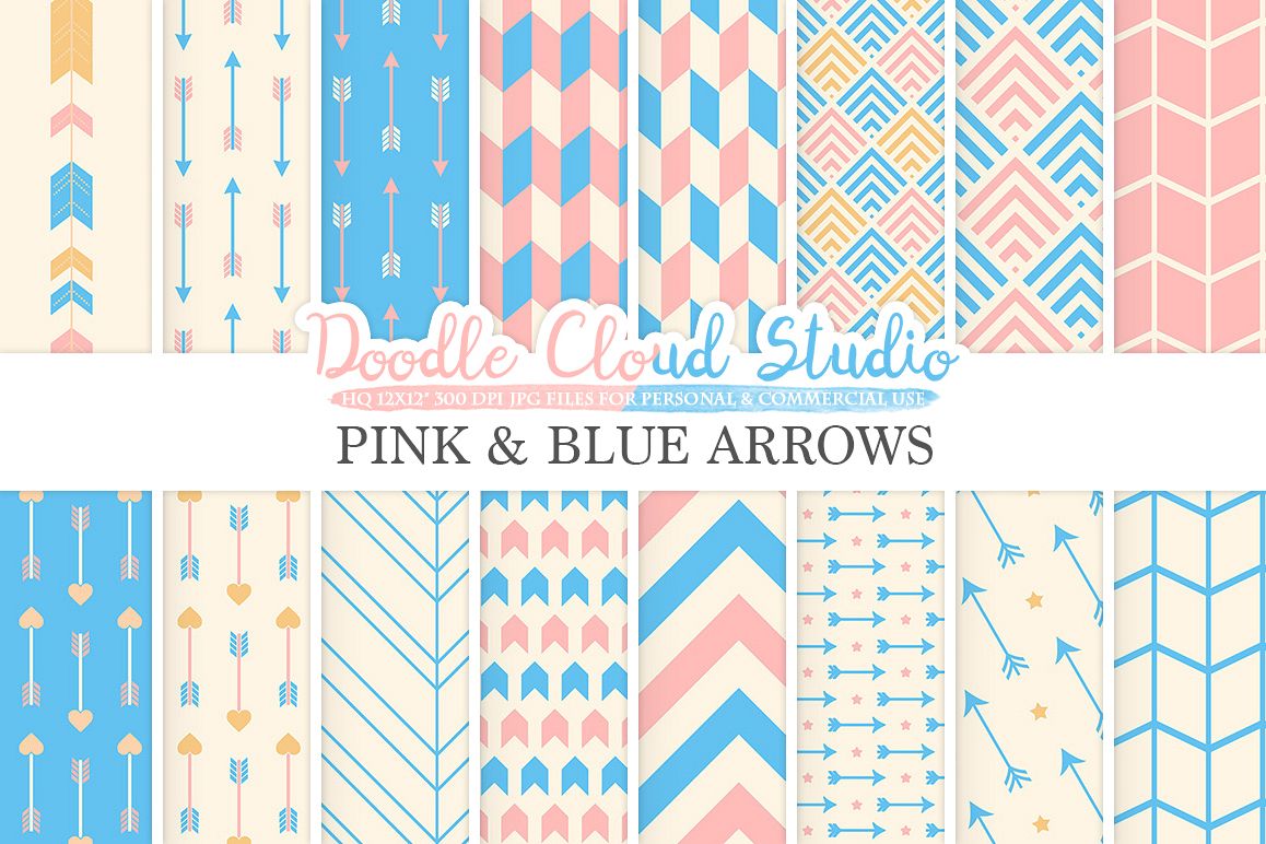Pink and Blue Arrows digital paper, Arrow patterns, tribal, archery, chevron triangles Azure backgrounds for Personal & Commercial Use example image 1