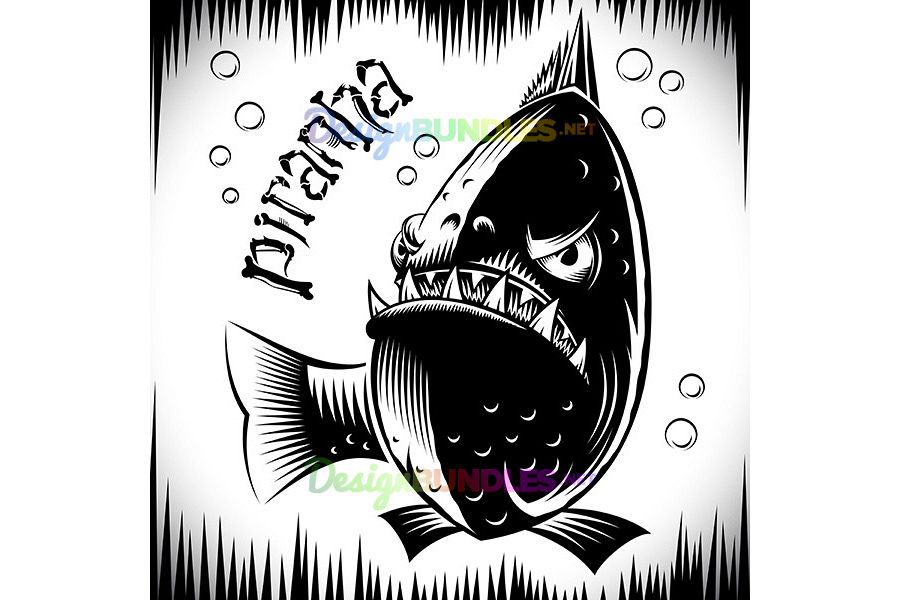 Vector Fish Piranha Ink Hand Drawing Tattoo Print Character Cartoon example image 1