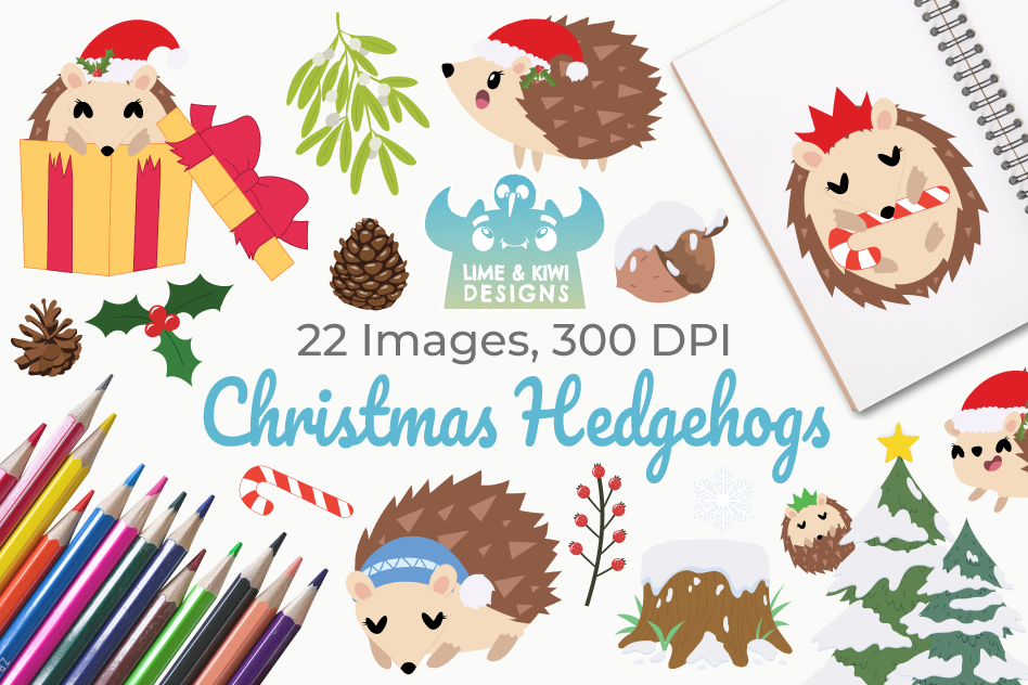 Christmas Hedgehogs Clipart, Instant Download Vector Art example image 1