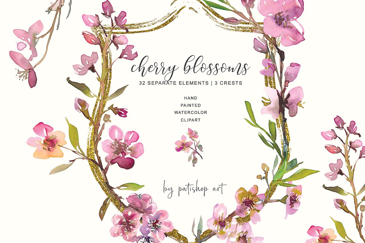 Hand Painted Watercolor Cherry Blossoms Clipart example image 1