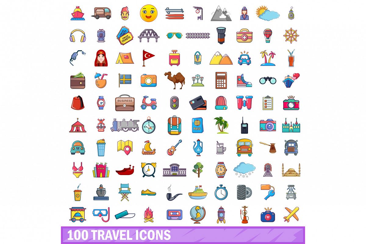 100 travel icons set, cartoon style example image 1