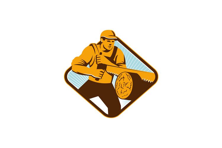 Lumberjack logger forrester sawing with cross-cut saw retro example image 1