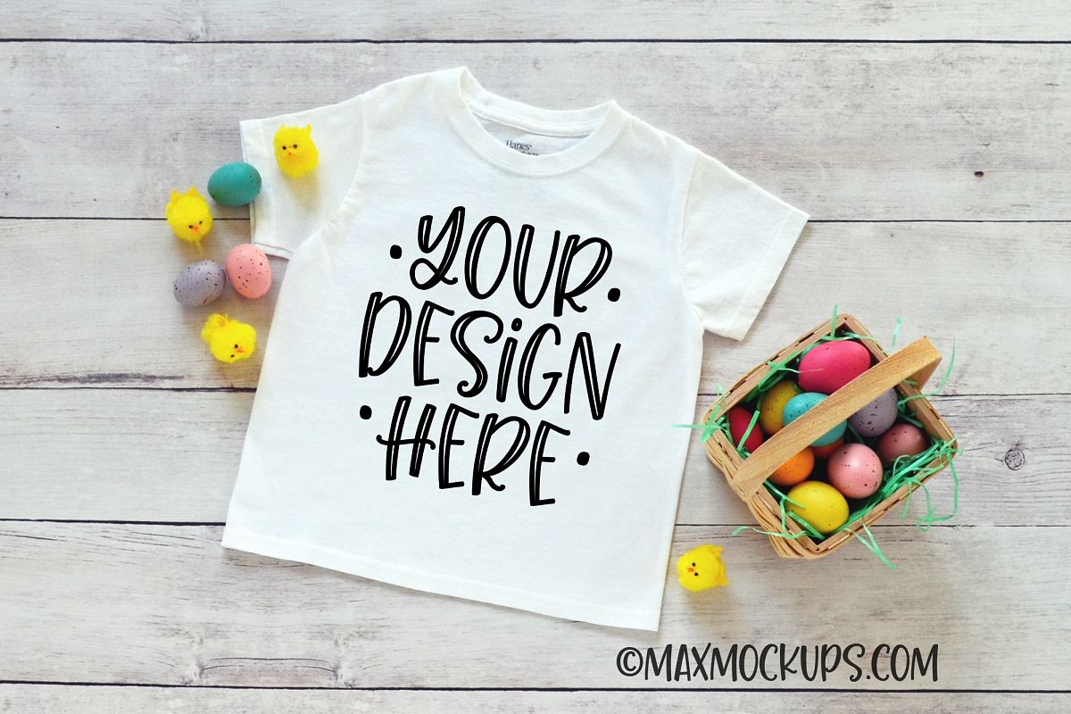 White kids shirt Easter mockup, Easter eggs and chicks example image 1
