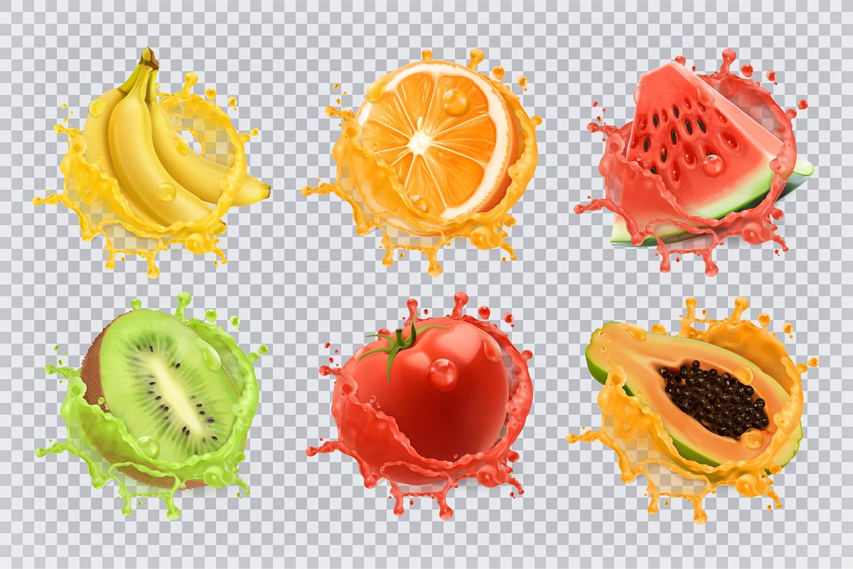 Orange juice, kiwi, banana, tomato juice, watermelon, papaya example image 1