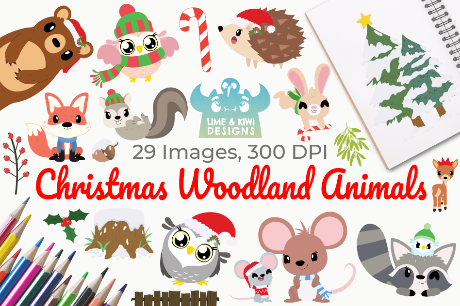 Christmas Woodland Animals Clipart, Instant Download example image 1