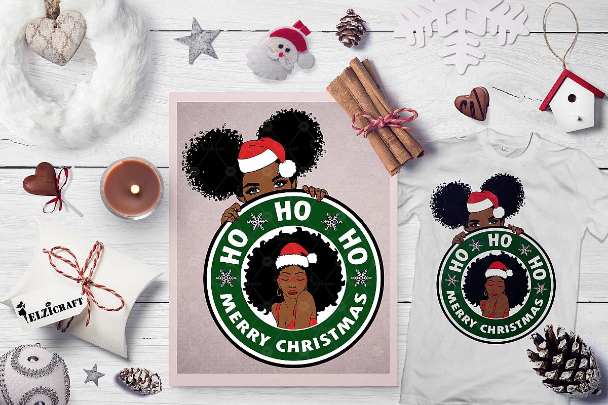 Christmas Afro Woman, Santa Hat, Cute Peeking Afro Girl SVG example image 1