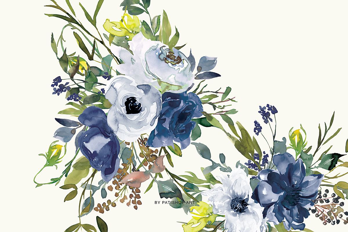 Download Watercolor Navy White and Yellow Floral Bouquet Clipart
