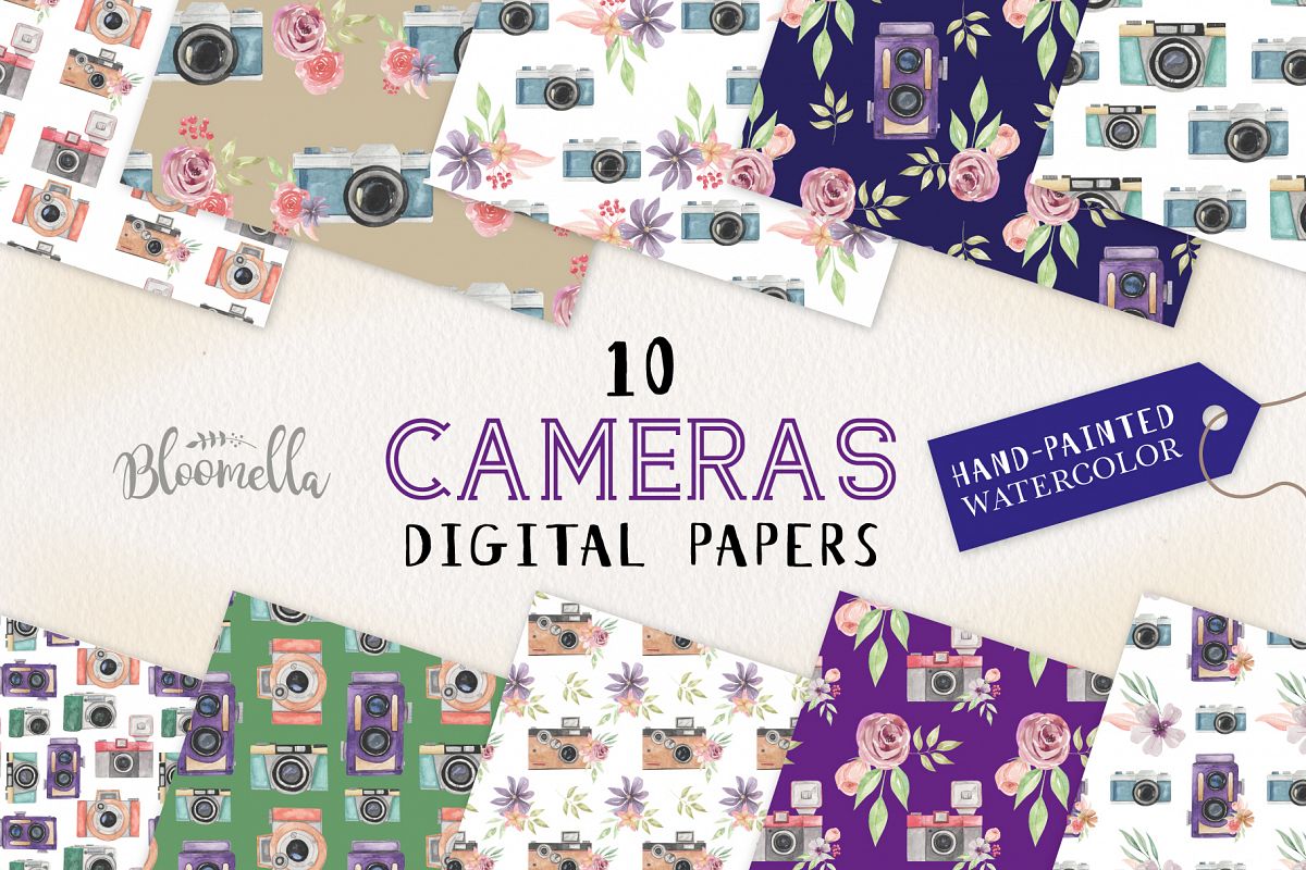 Camera Seamless Patterns Digital Papers Watercolor Photo example image 1