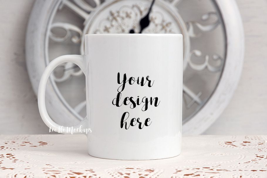 White coffee 11oz mug mock up clock decor rustic background example image 1