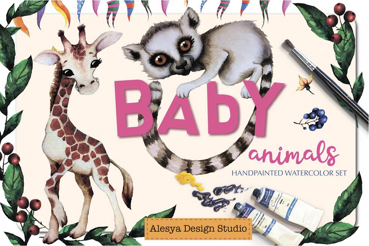 Baby animals. Cute watercolor zebra, hippo, lemur, tiger etc example image 1