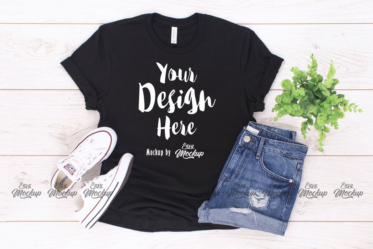 Bella Canvas 3001 Black T Shirt Mockup Rolled Sleeve Flat Lay | Etsy