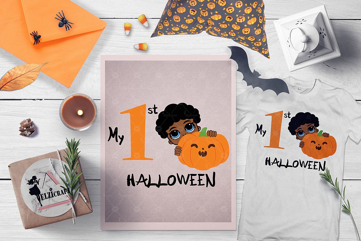 My 1st Halloween Afro Peeking Boy Pumpkin Smile SVG Cut File example image 1