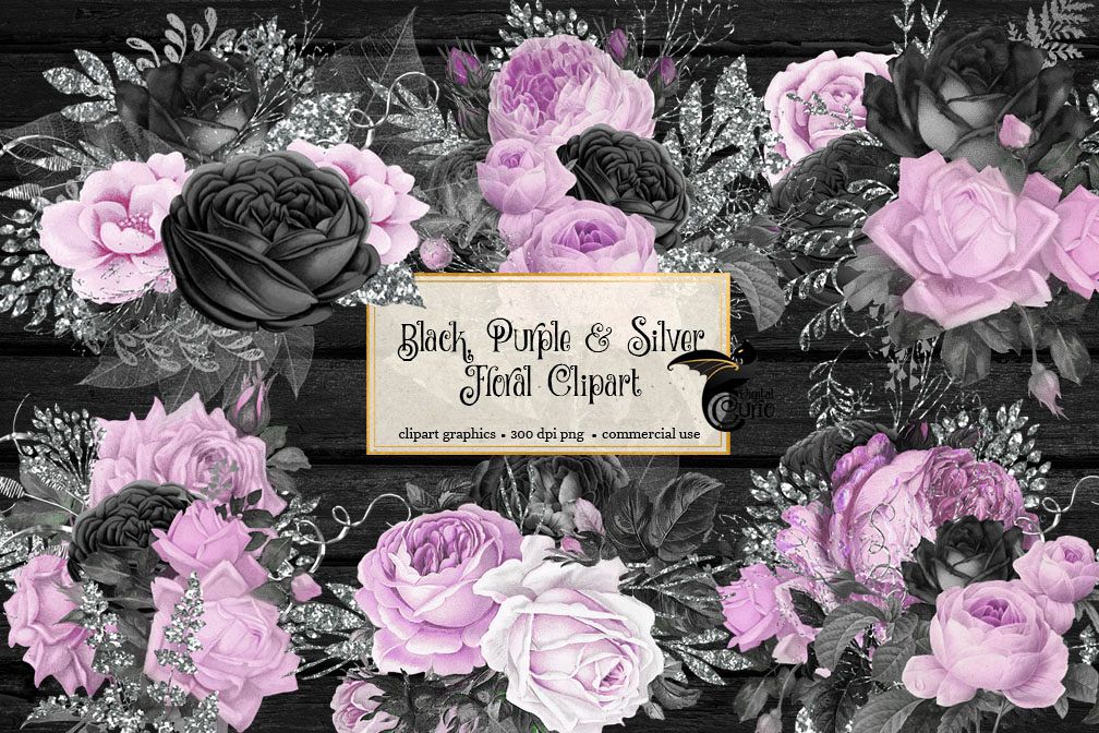 Black Purple and Silver Floral Clipart example image 1
