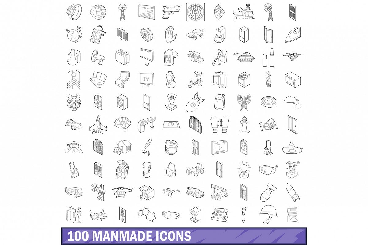 100 manmade icons set, outline style example image 1