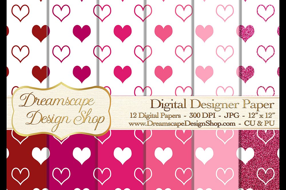 Pink and Red Hearts (Set 1) - Valentine's Day - Digital Paper - 12 JPG Images at 300 DPI - Digital Product Instant Download example image 1