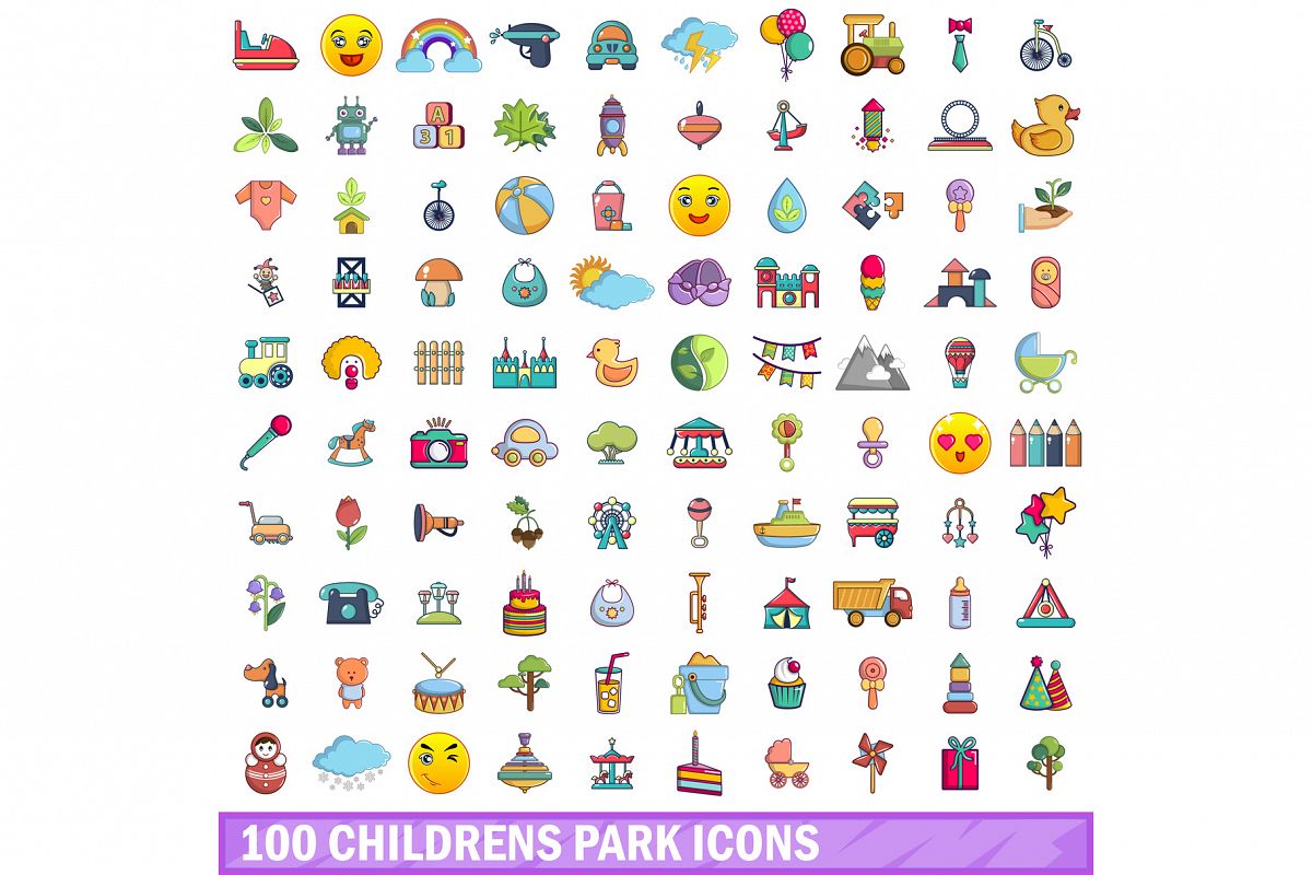 100 childrens park icons set, cartoon style example image 1