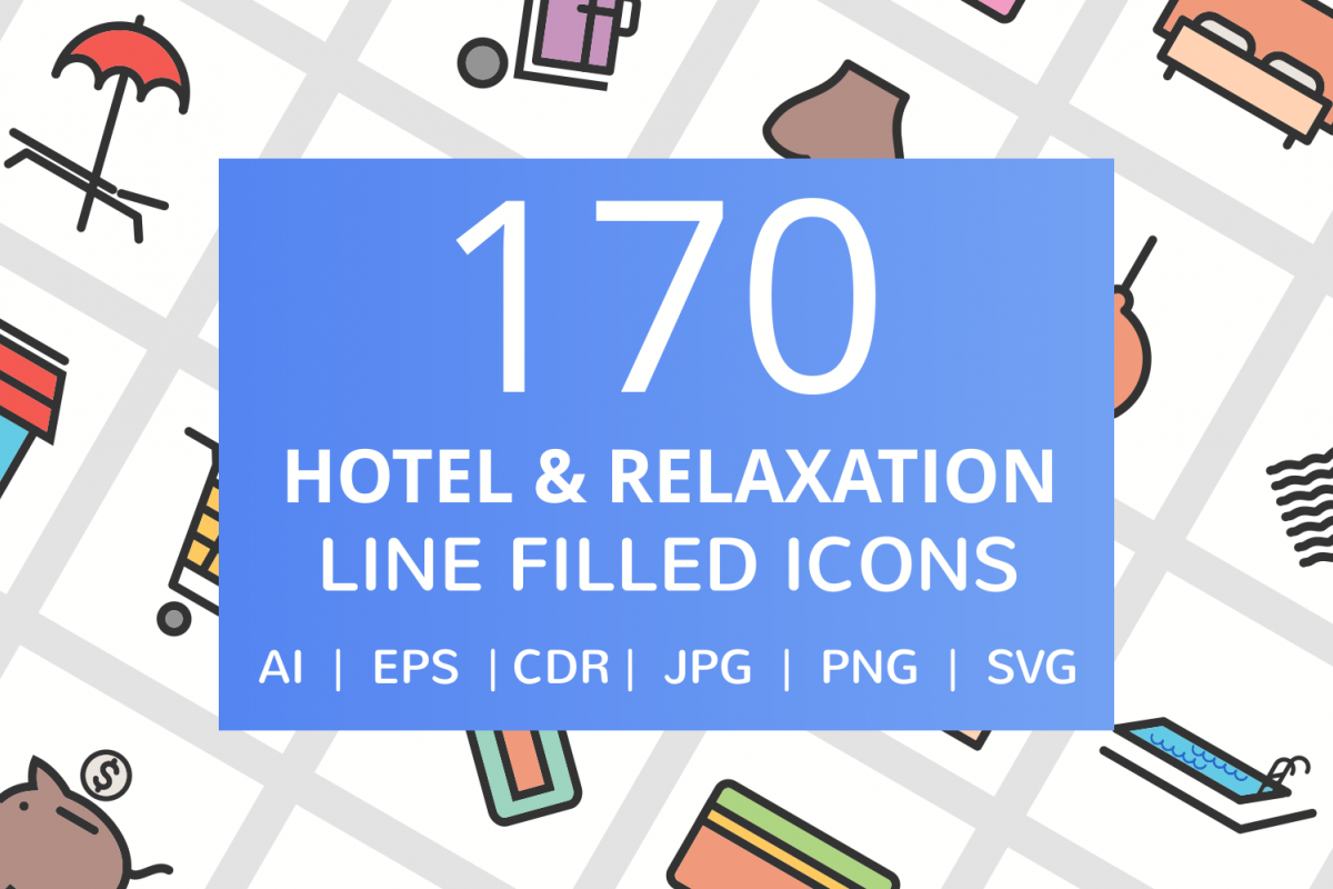 170 Hotel & Relaxation Filled Line Icons example image 1