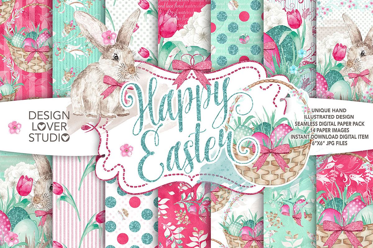 Watercolor Happy Easter digital paper pack I. example image 1