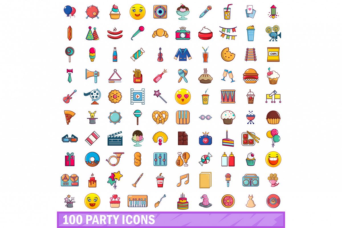 100 party icons set, cartoon style example image 1