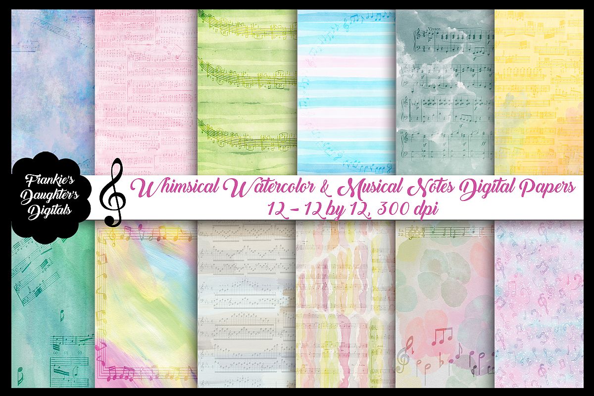 Watercolor Whimsical Musical Notes Digital Papers example image 1