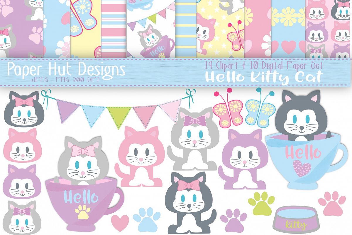 Cat Clipart and Digital Papers Set example image 1