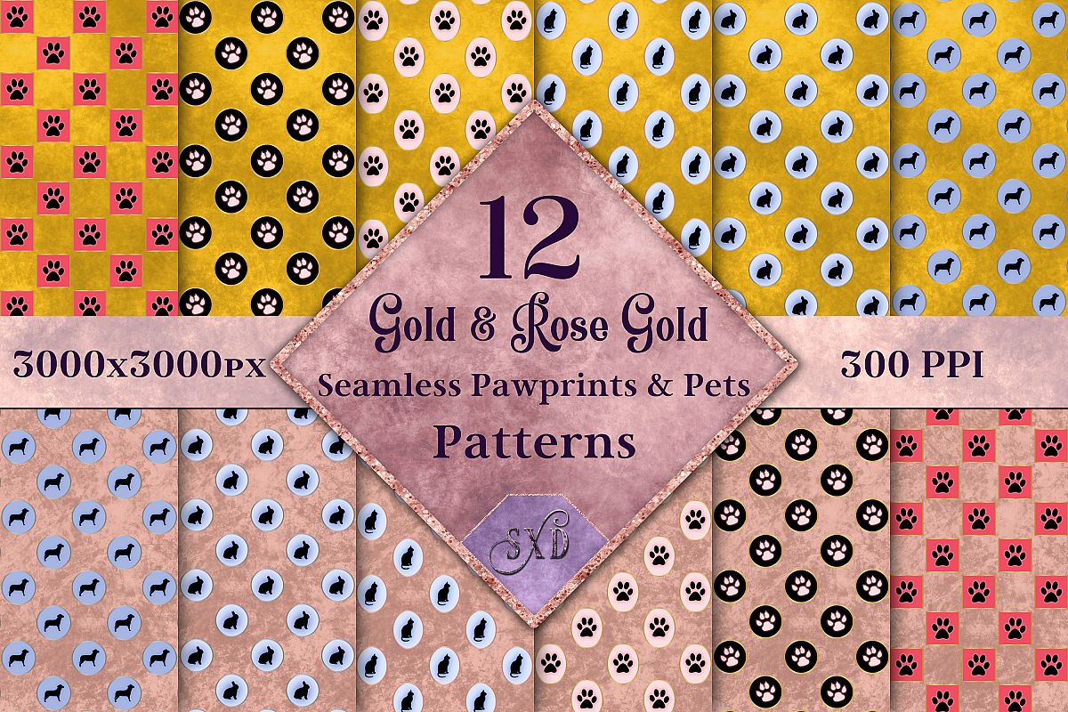 Gold & Rose Gold Seamless Pawprints & Pets Patterns example image 1