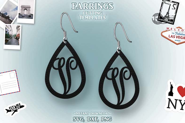 Letter V, Teardrop Monogram Earrings, SVG, Cut File, Cricut example image 1