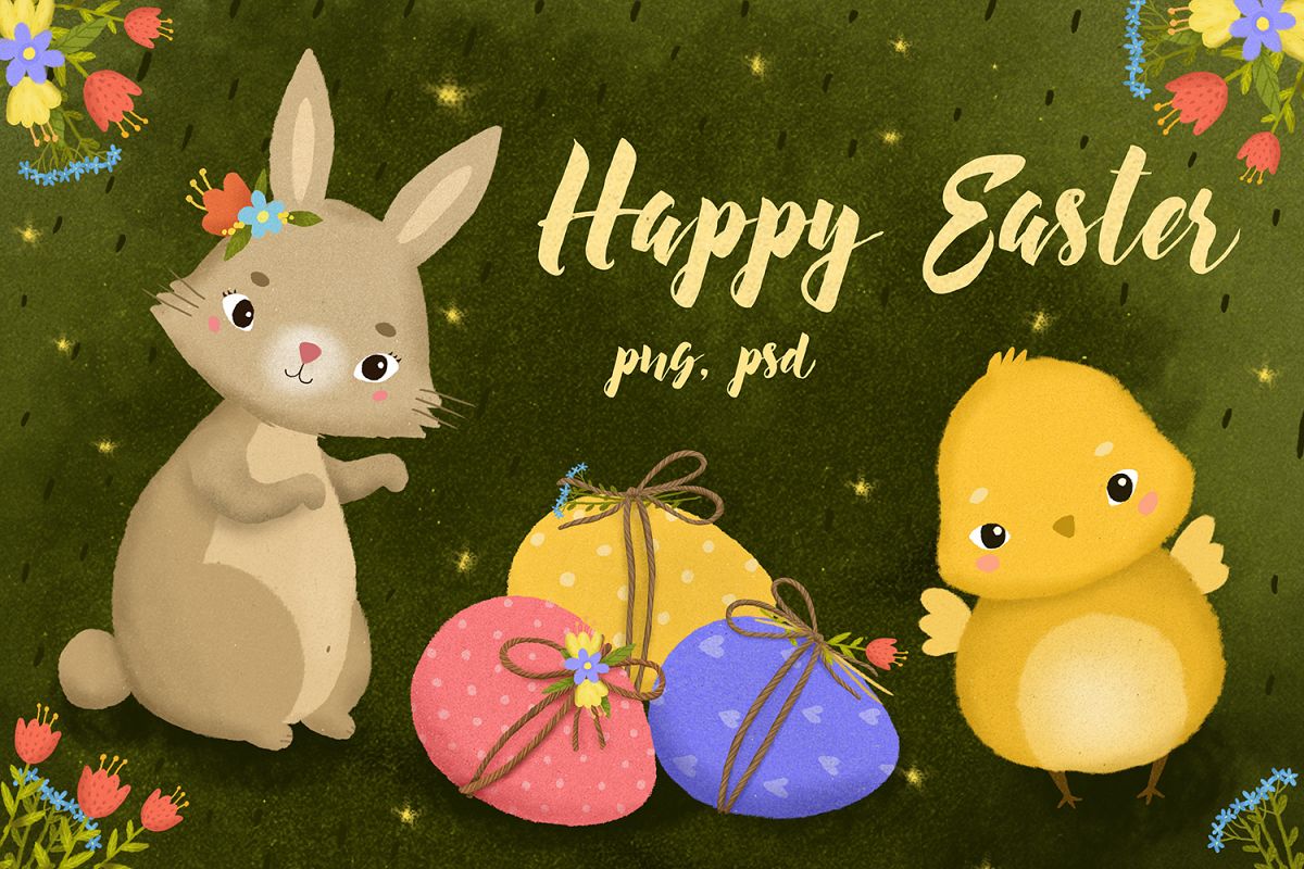 Happy Easter set. Hare eggs chick example image 1