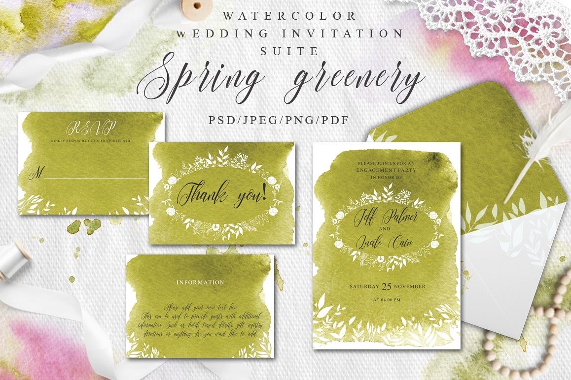 Greenery Watercolor Spring Wedding Invitation suite example image 1