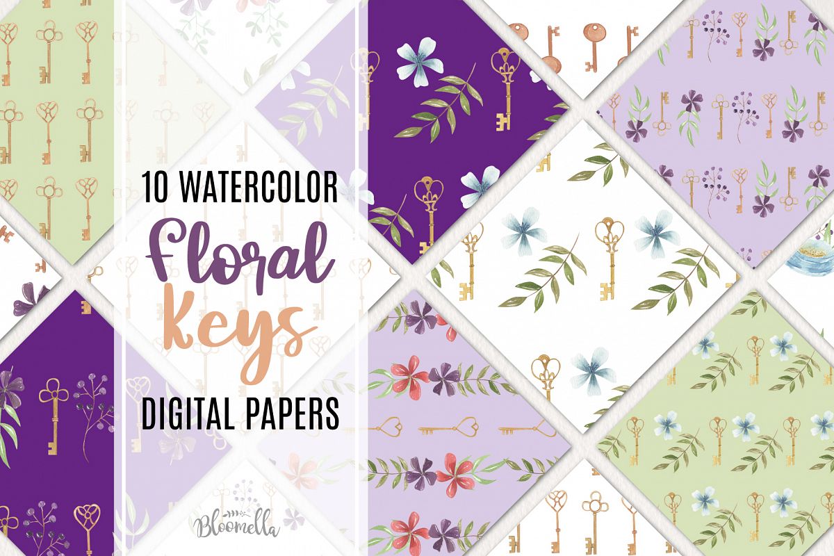 Keys Vintage Flowers Florals 10 Seamless Patterns Digital example image 1