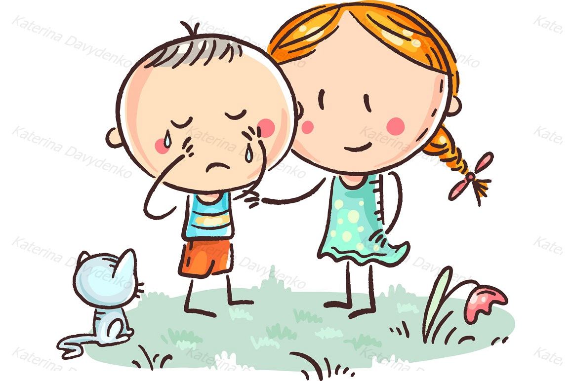 A Little Boy Crying And A Girl Comforting Him
