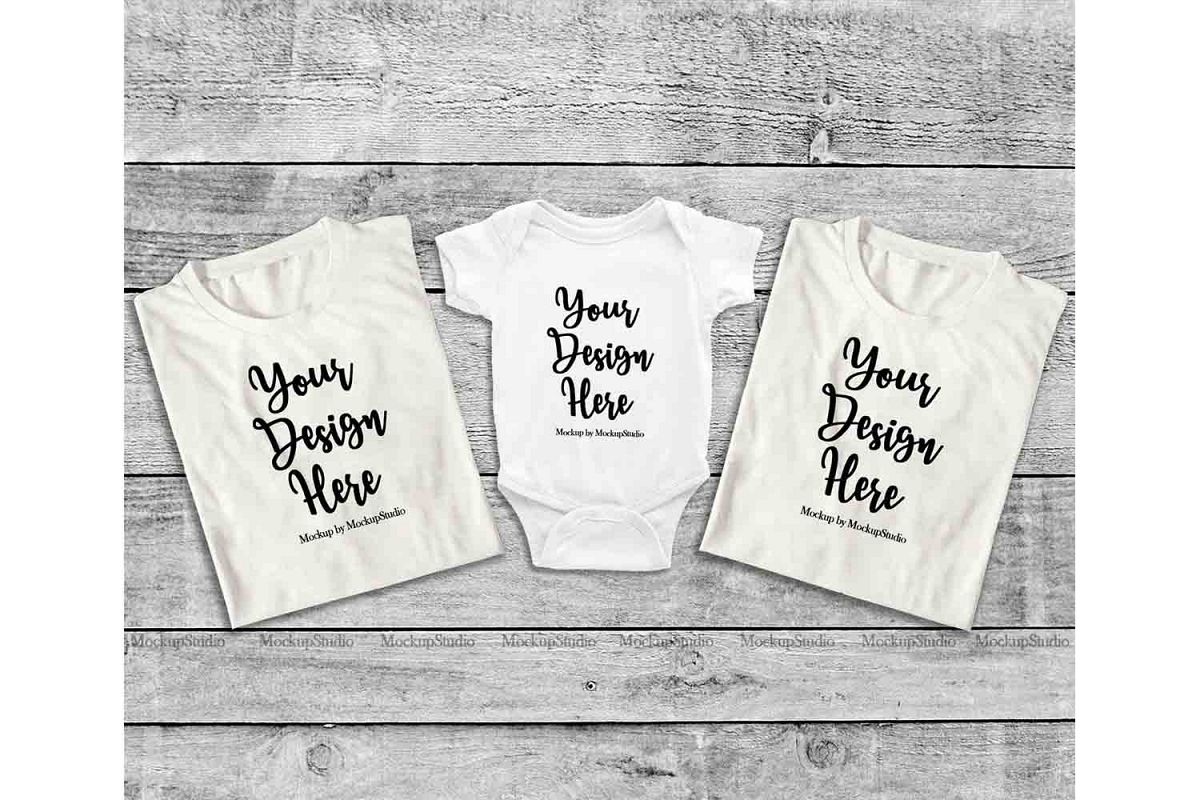 Family White Folded Tshirt Mock Up, Baby Bodysuit Mockup example image 1