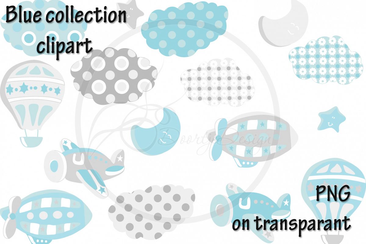 Digital Hot Air Balloon Blue Clipart, Air Plane Clipart, Zeppelin Clipart, Clouds, Moon, Stars example image 1