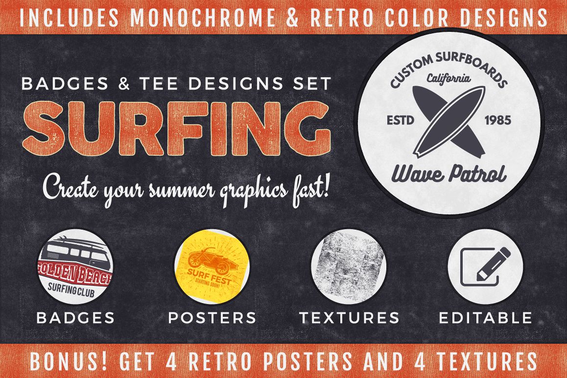Vintage Surfing Graphics Pack example image 1