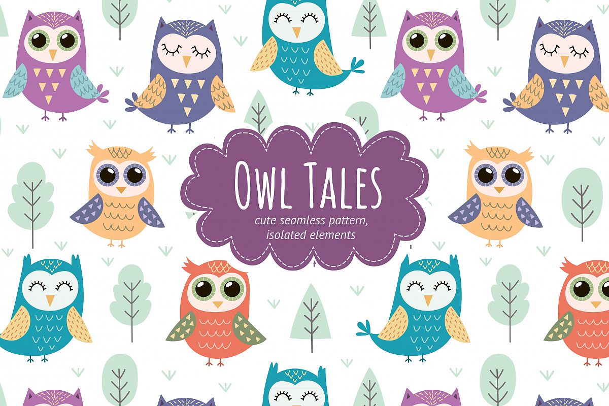 Owl Tales: seamless pattern & elements example image 1
