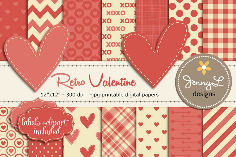 Retro Valentines Day Digital Papers Valentine Heart Love Digital Scrapbooking Papers Romance 0054