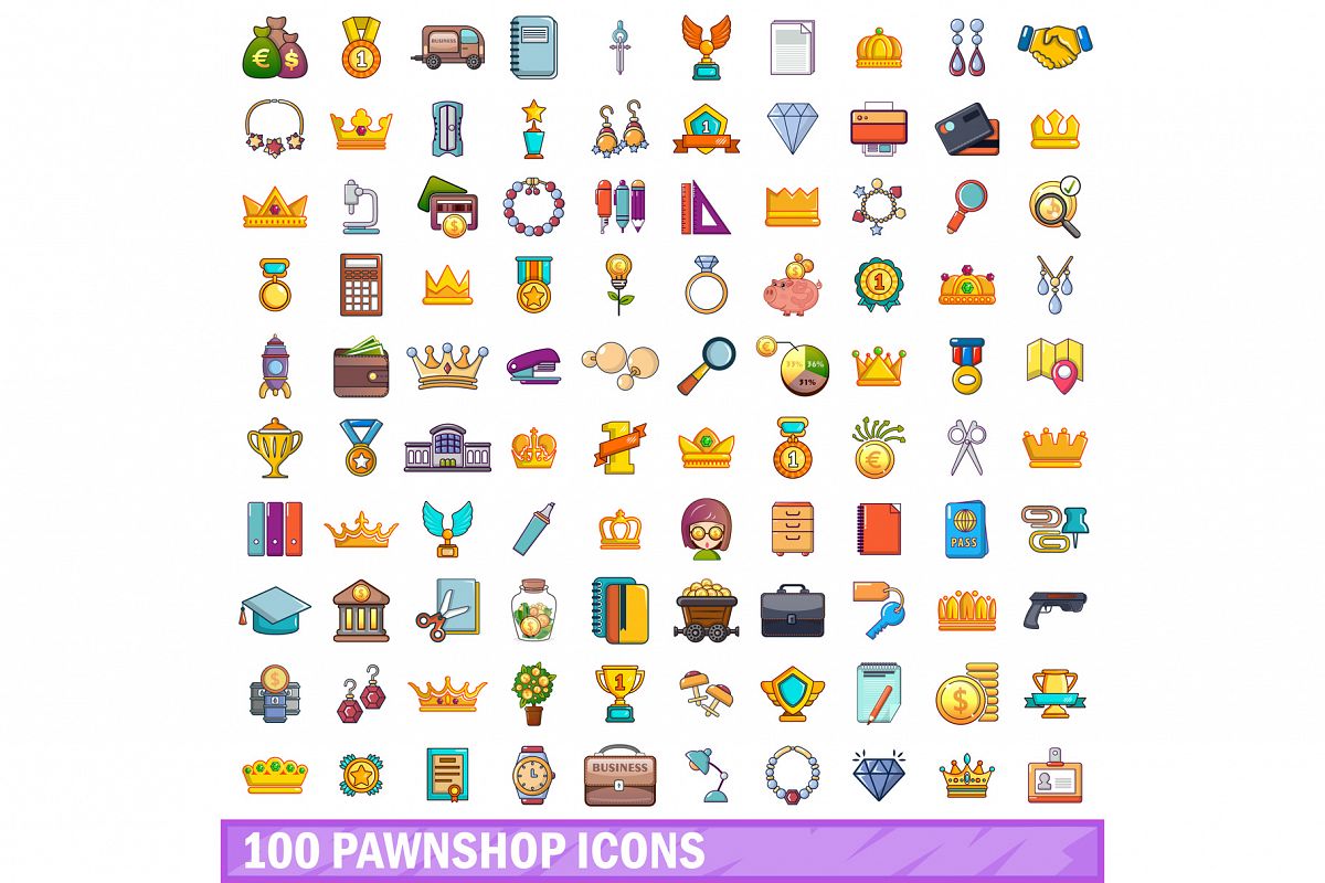 100 pawnshop icons set, cartoon style example image 1