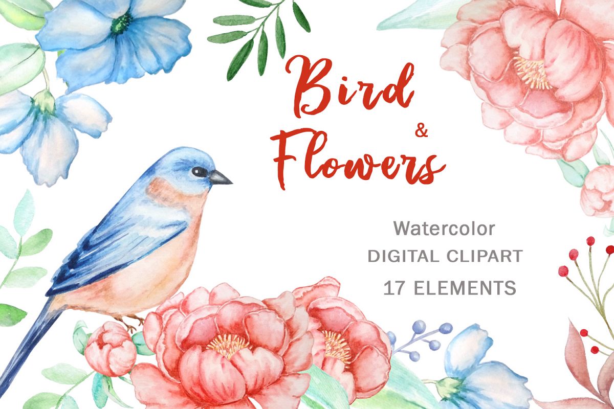 Bird and Flowers Peony Watercolor Clipart example image 1
