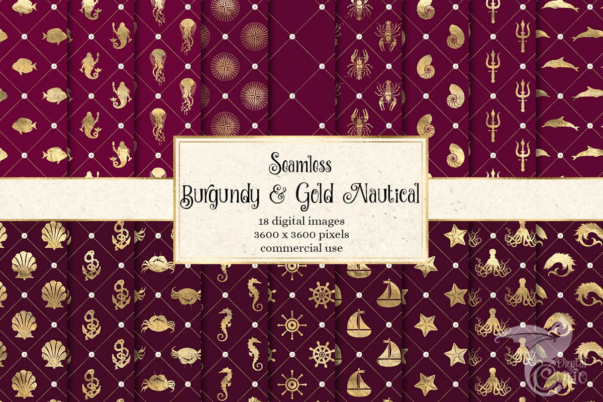 Burgundy and Gold Nautical Digital Paper example image 1