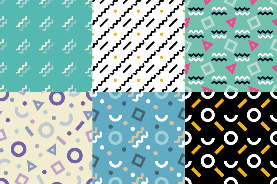 Set of 6 Memphis seamless pattern. Geometric seamless pattern in 80s style. example image 1