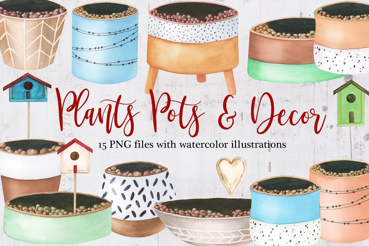 Watercolor Plants pots and decor clipart example image 1