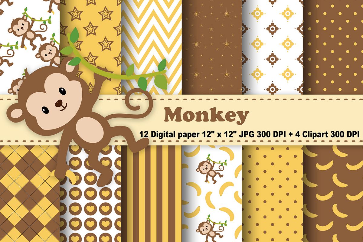 Monkey Digital Paper, Animals Background, Banana Pattern, Jungle Scrapbooking Papers, Safari Background, Zoo Pattern, Printables, Monkey Clipart. example image 1