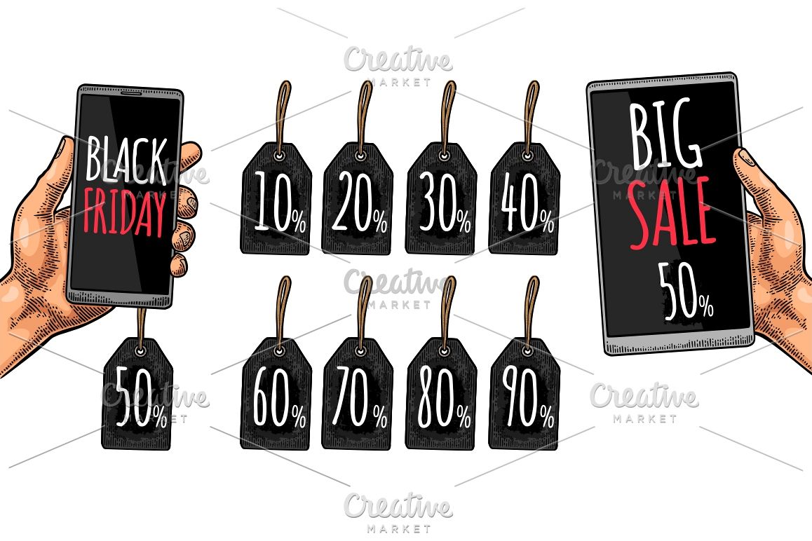 Smartphone hold male hand with hanging sale tag up to 10 - 90 percent text. Lettering BLACK FRIDAY BIG SALE. example image 1