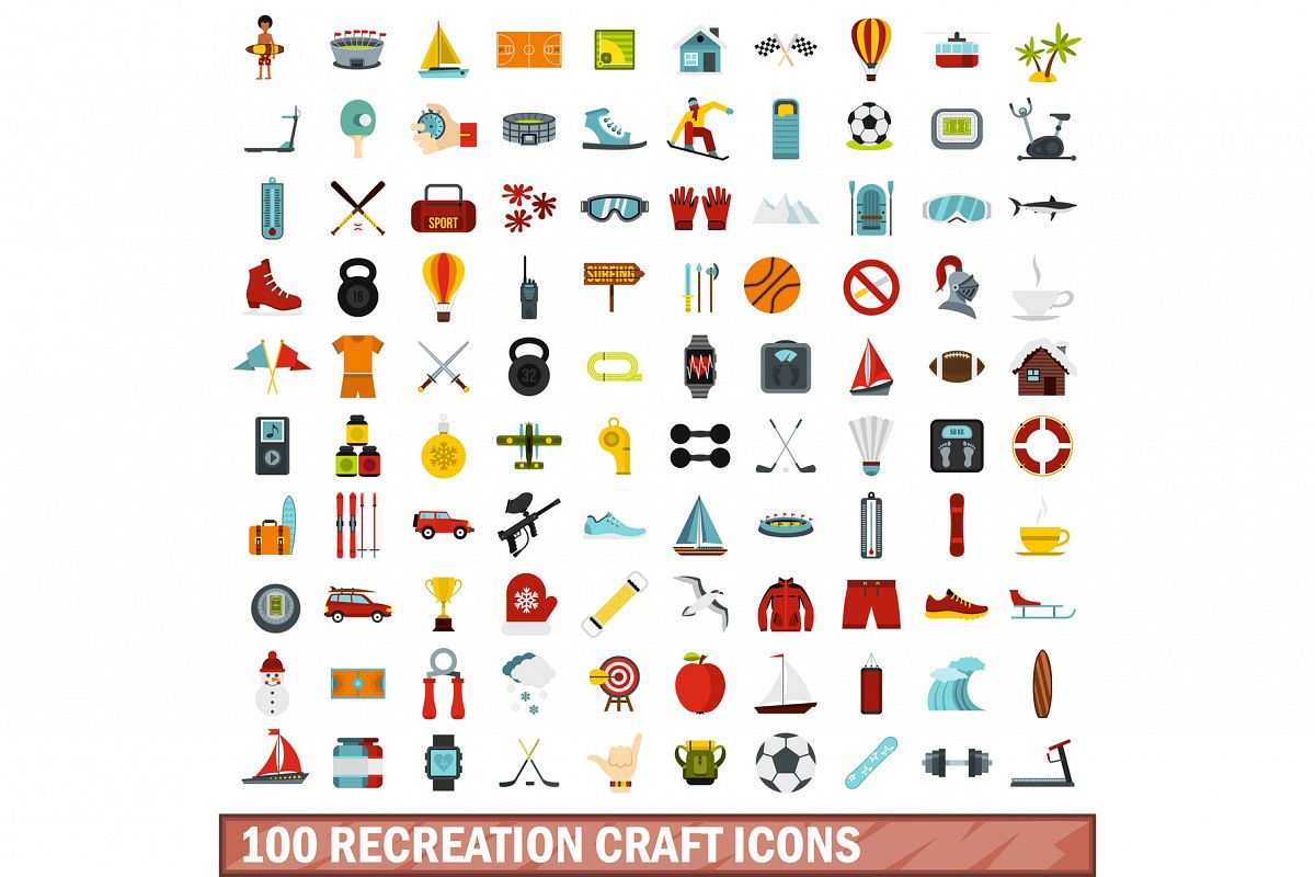 100 recreation craft icons set, flat style example image 1