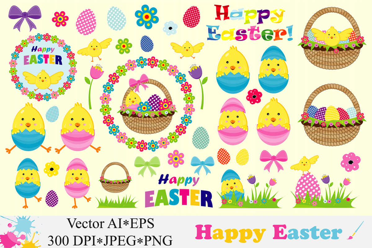 Happy Easter Clipart / Cute Easter chick, basket, eggs Vector graphics / Easter illustrations example image 1