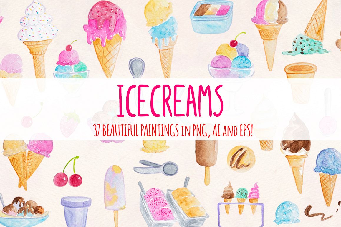 37 Icecreams Summer Watercolor Food Artwork example image 1