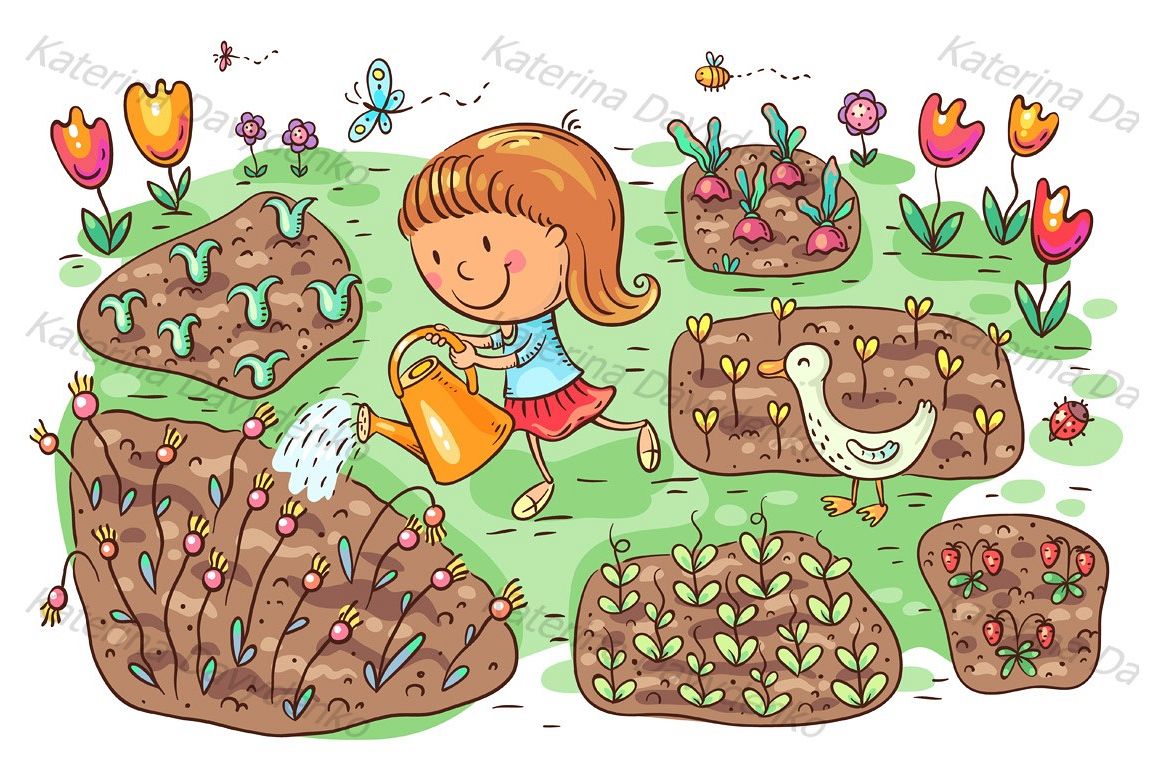 Child watering flowers and vegetables in the garden example image 1