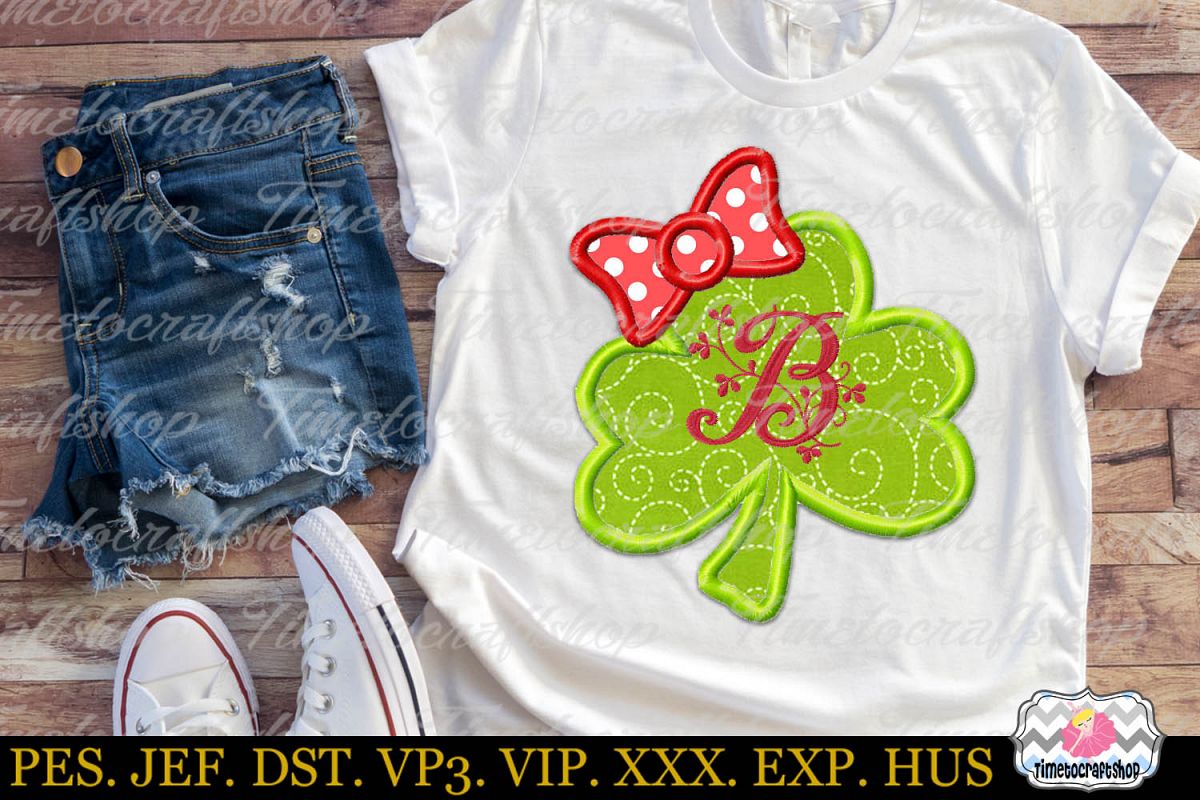 St Patrick's Day Clover Shamrock Bow Monogram Applique example image 1