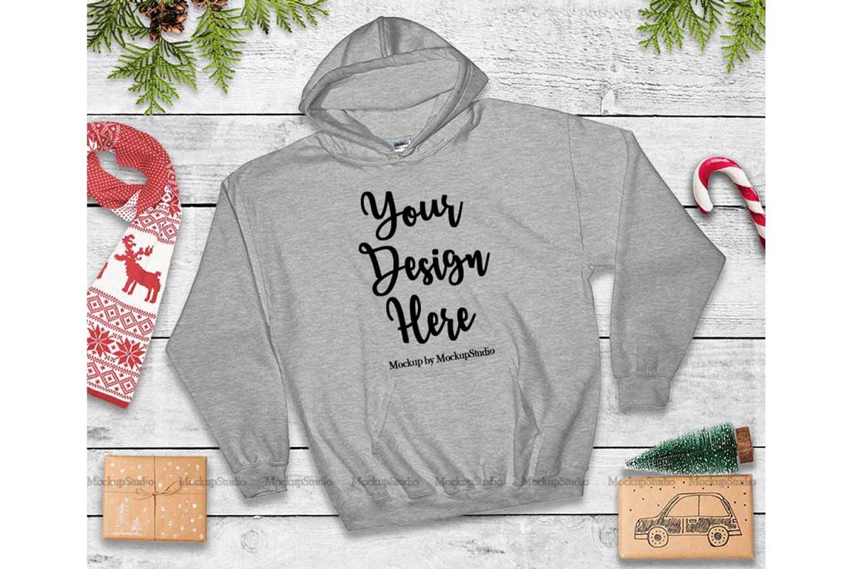 Christmas Gray Hoodie Mockup, Winter Holiday Flat Lay example image 1