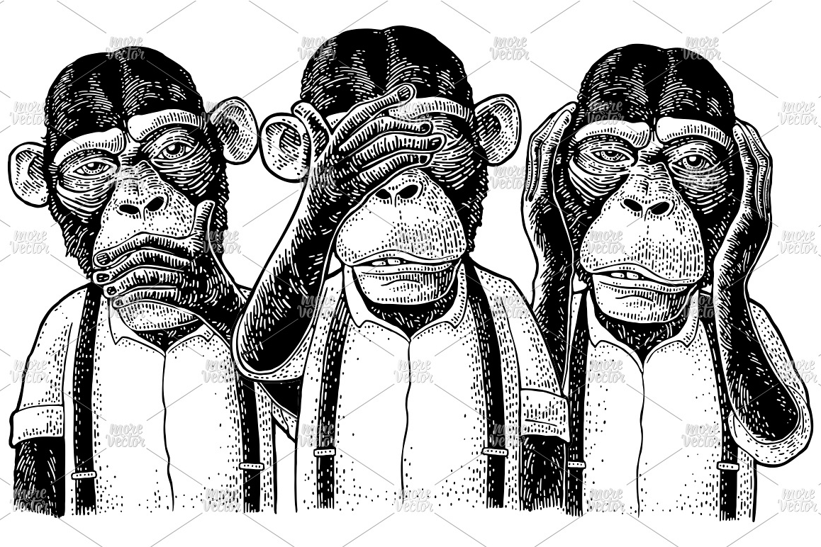 Three wise monkeys with hand on ears, eyes, mouth engraving example image 1